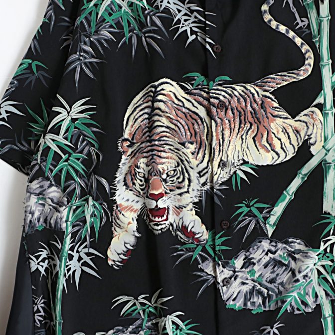 総柄 半袖 シャツ 虎 和柄 黒