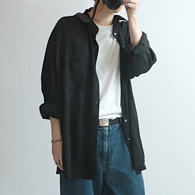 バンドカラー シャツ レーヨン 黒