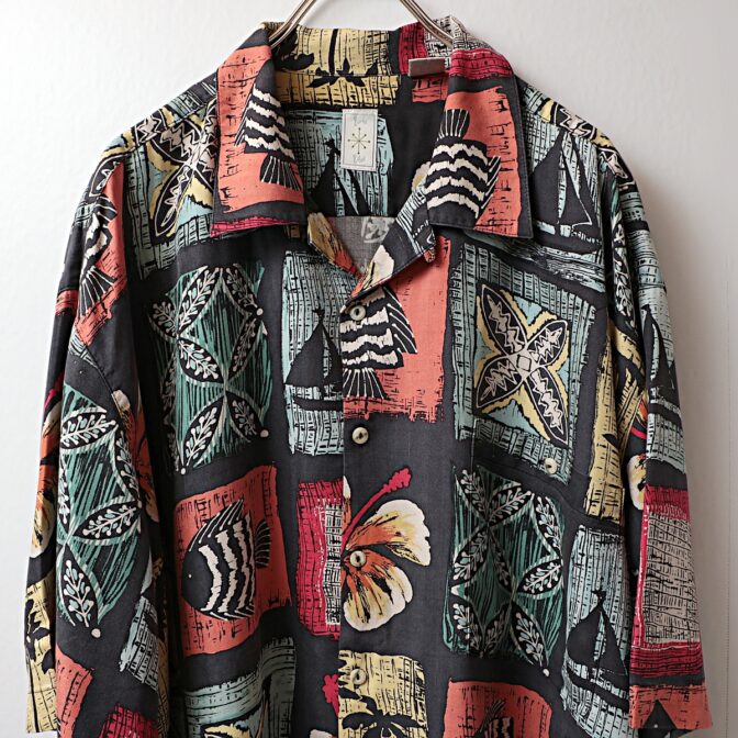 シルク 柄 魚 シャツ 古着