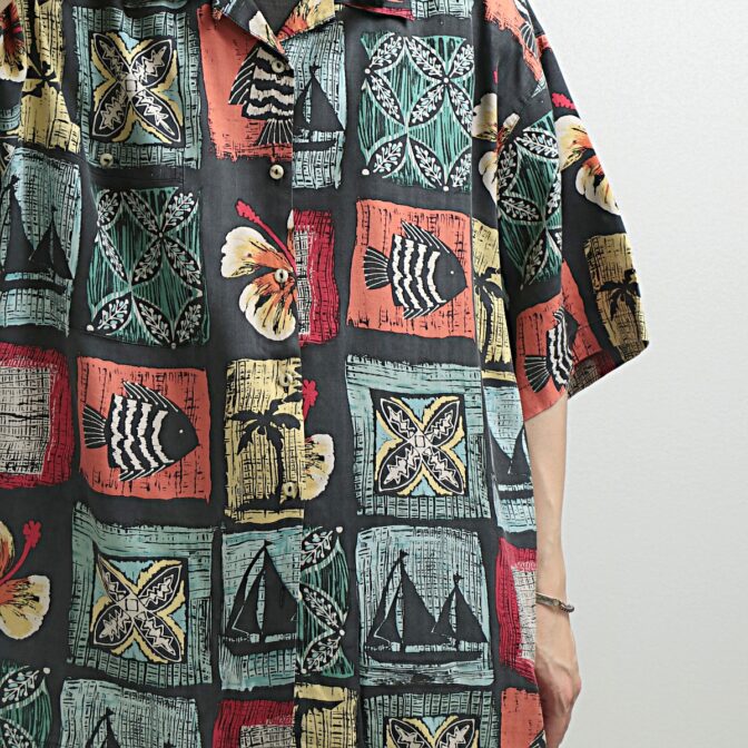 シルク 柄 魚 シャツ 古着