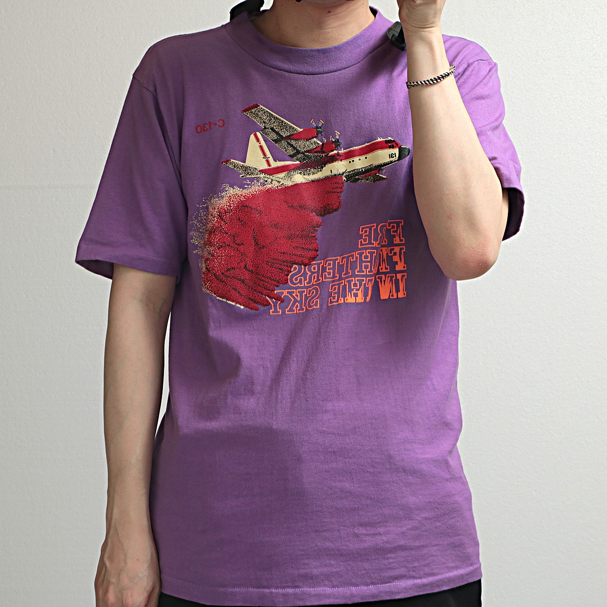 80s USA製 oneita 「fire fighter」C-130 プリント Tシャツ 古着 used 
