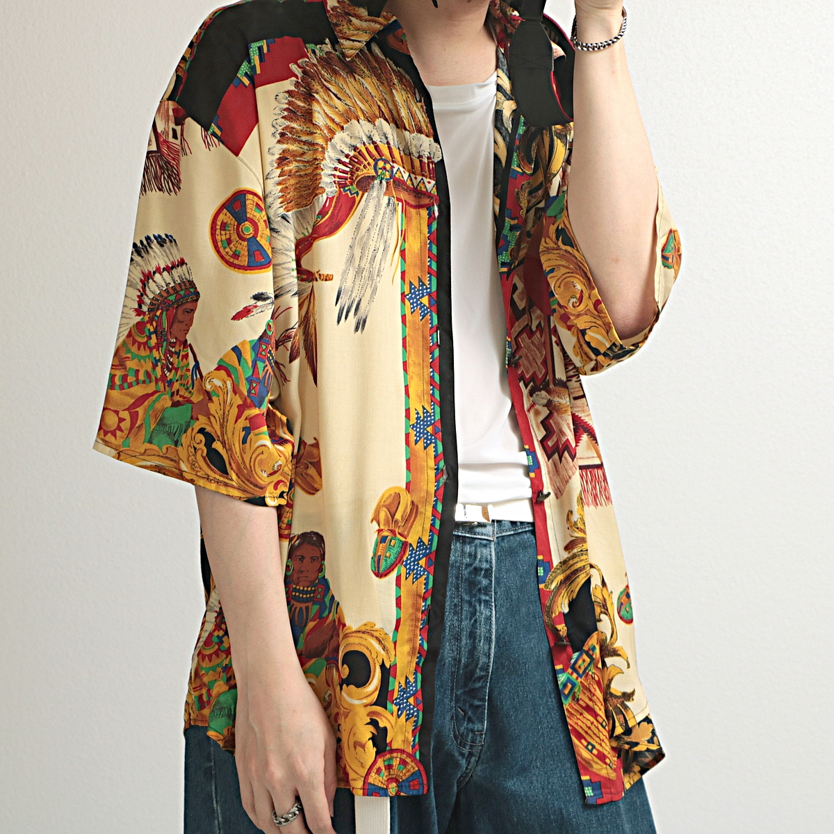 料無料90s〜 vintage lady 総柄 半袖 Rayon shirt 柄シャツ トップス