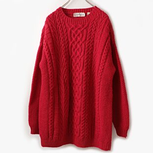 ELLEN TRACY hand knit アランニット ウールセーター 古着 used レッド