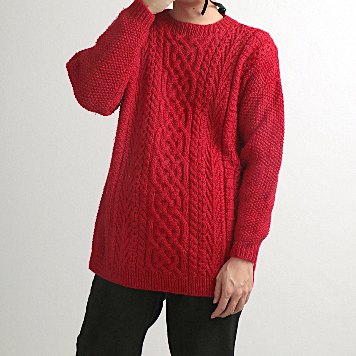 ELLEN TRACY hand knit アランニット ウールセーター 古着 used レッド 