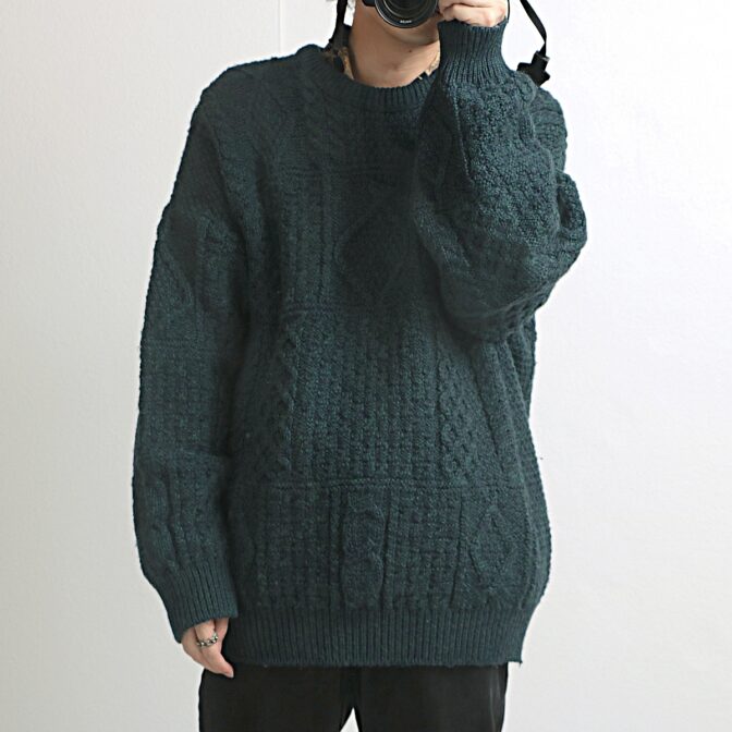 アランニット 古着 メンズ ダークグリーン